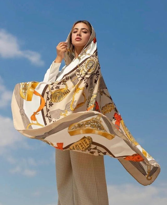 Luxury Baroque Print Silk Scarf – Beige, Gold & Orange Accents