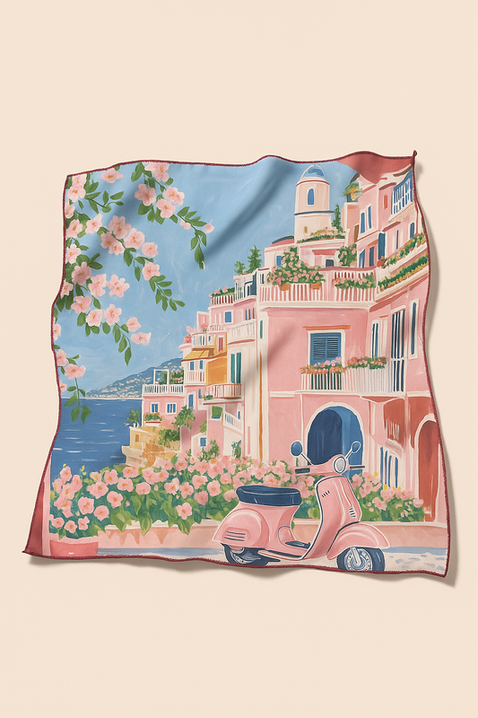 Amalfi Coast Pink Vespa Modal Satin Scarf – 50x50 Inch Square Scarf