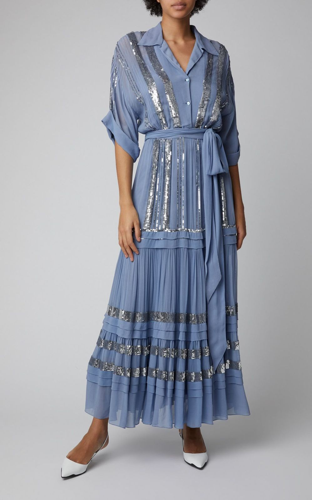 Dusty Blue Sequin Shirt Dress – Pleated Maxi Dress with Belted Waist