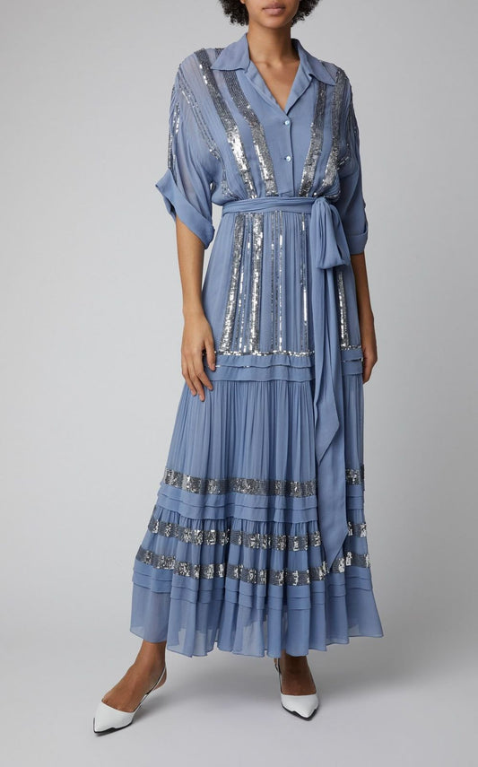 Dusty Blue Sequin Shirt Dress – Pleated Maxi Dress with Belted Waist
